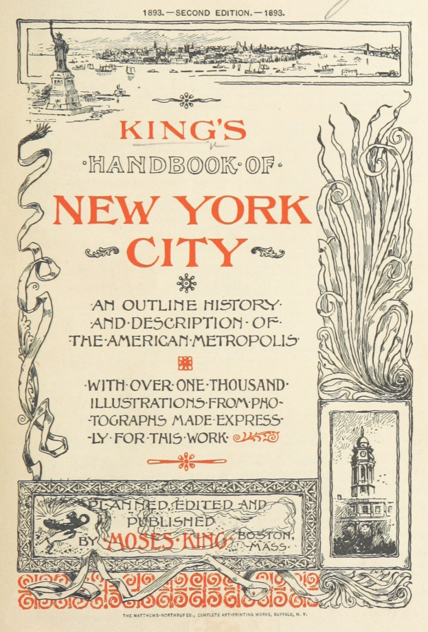 Ein Hardcover-Buch mit dem Titel 'Kings Handbook of New York City: An Outline History and Description of the American Metropolis' mit einem blauen Einband und weißer fetter Schrift in der Mitte auf dem Cover.