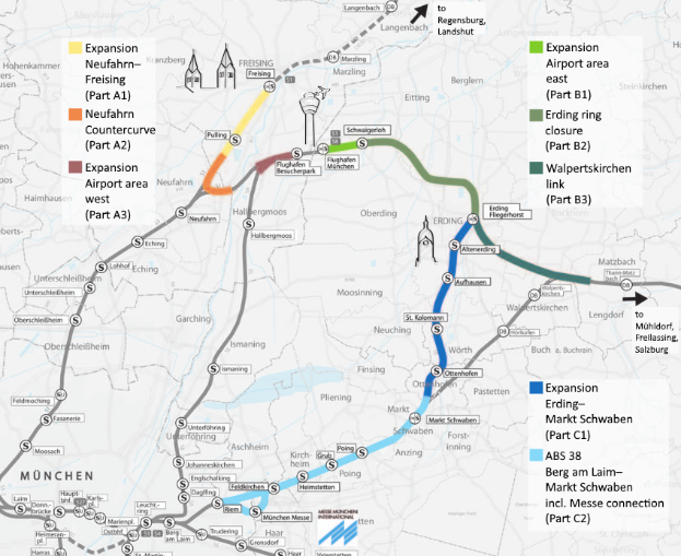 Eine detaillierte Karte einer Stadt mit einer hervorgehobenen Zugroute von M├╝nchen nach Frankfurt, die Haltestellen, umliegende Gebiete und Text mit zus├Ątzlichen Informationen ├╝ber den Zug zeigt.