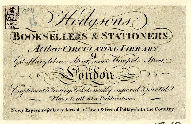 Altes Buch mit einem Stempel, auf dem "Hodgson's Booksellers & Stationers at their Circulating Library" steht und handgeschriebener Text auf der Seite.