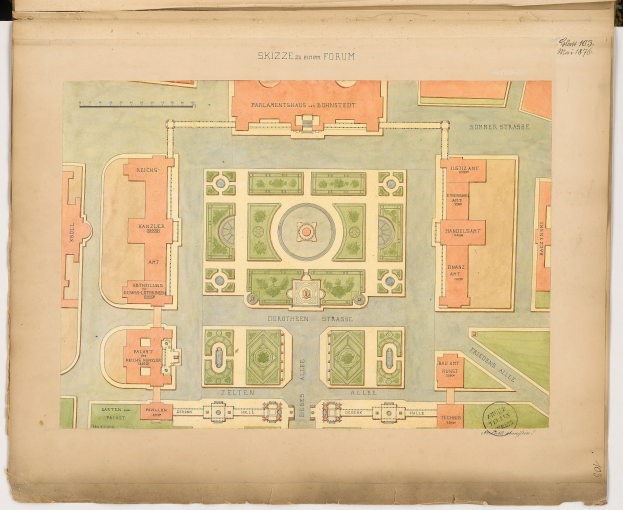 Altes Buch mit einem detaillierten Parklayoutplan auf dem Cover, das Wege, Bäume und weitere Merkmale zeigt, begleitet von Texten über die Parkgröße, den Standort und die Annehmlichkeiten.