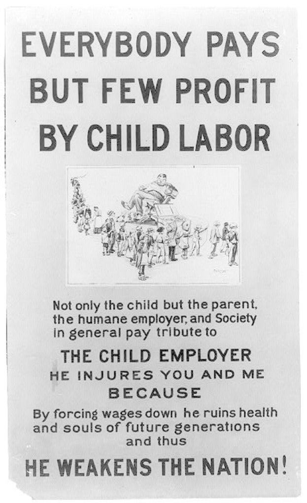 Schwarzes und weißes Plakat mit dem Text "Jeder zahlt, aber wenige profitieren von Kinderarbeit" und einem Bild einer Gruppe von Menschen.