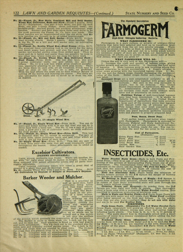 Alter Buchumschlag mit einer Flasche Farmogerm-Insektizid mit einer klaren Flüssigkeit und einer schwarzen, fetten Beschriftung auf einem hellblauen Hintergrund mit einem weißen Rand.