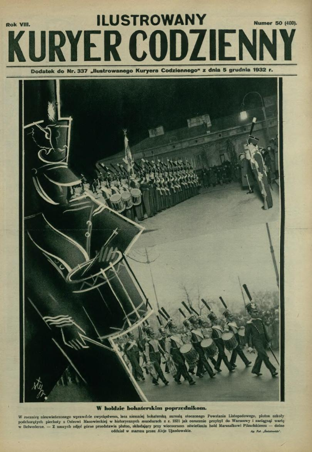 Ein altes Buchcover mit einer marschierenden Band, auf der mehrere Personen zu sehen sind, einige halten Musikinstrumente und es gibt begleitenden Text.