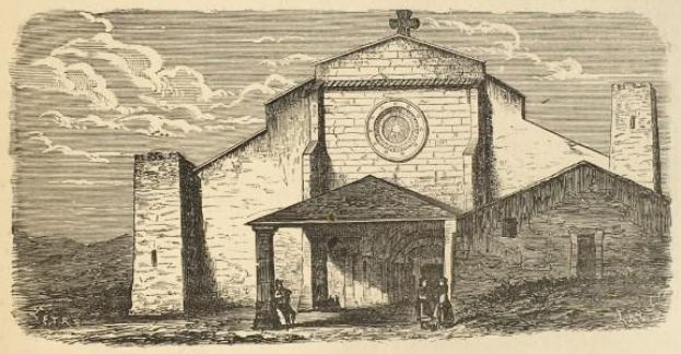 Eine Gravur der Kirche des Heiligen Grabes mit einer Uhr an der Vorderseite, umgeben von Menschen und einem bewölkten Himmel, mit dem Namen der Kirche unten.
