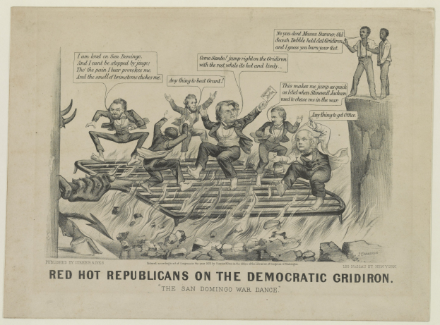 Cartoon drawing of red figures on a blue gridiron with angry expressions and raised arms, accompanied by bold black text.