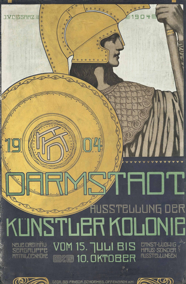 Plakat für ein 1904er Berlin-Konzert mit einer Person in einem Helm, die ein Schild hält, und fetter Schrift, die «Darmstadt» und «Kuenstler Kolonie» liest