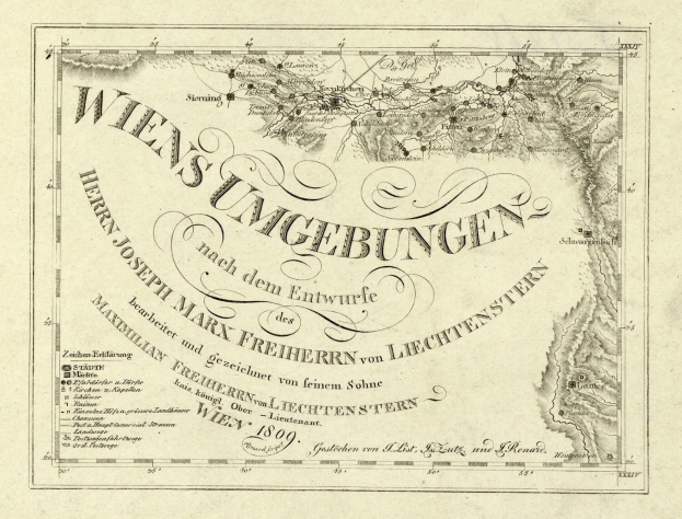 Detailierte alte Karte von Wien, Deutschland, zeigt geografische Merkmale, Städte, Ortschaften, Straßen, Sehenswürdigkeiten und textuelle Informationen zum Gebiet.