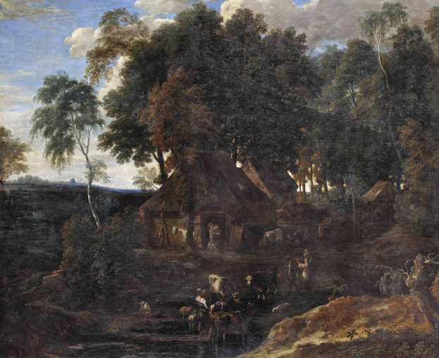 Eine bewaldete Landschaft mit einem fernen Cottage, umgeben von Bäumen, Pflanzen und Tieren, unter einem bewölkten Himmel mit sichtbaren Menschen und Tieren, die eine friedliche Atmosphäre schaffen.