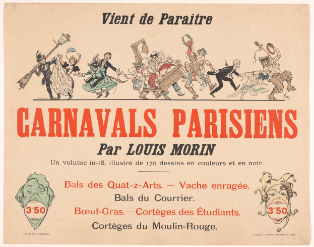Ein Papier mit dem Titel 'Karnevals Parisiens par Louis Morin' mit lebendigen, detaillierten Entwürfen von Menschen in bunten Kostümen und Masken in einer lebhaften Karnevals Szenerie, mit fetter Schrift, die den Titel betont.