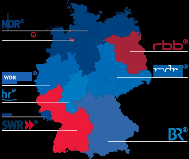 Eine Deutschlandkarte mit hervorhebenden Provinzen in rot und blau, um die Ergebnisse der Wahl von 2016 zu zeigen, einschließlich der Namen der Kandidaten und weiterer Einzelheiten zum Wahltermin.