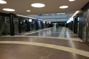 Langer Flur mit Menschen, die gehen, beleuchtet von Deckenlampen, flankiert von Säulen und Glastüren, mit Texttafeln, die an ein belebtes Rathaus erinnern.