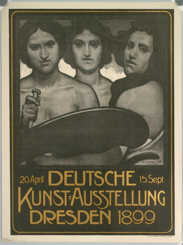 Plakat für eine deutsche Ausstellung in Dresden im Jahr 1899, das drei Personen zeigt, von denen eine ein Objekt hält und deutscher Text zu sehen ist.