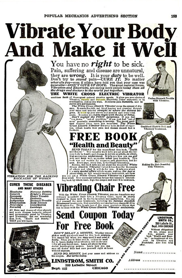 Ein Plakat mit einer Frau in einem weißen Kleid mit einem gemusterten Schal, die Arme verschränkt und den Kopf hoch erhoben, mit der großen Aufschrift "Mach deinen Körper zum Vibrieren und bringe ihn in Form."