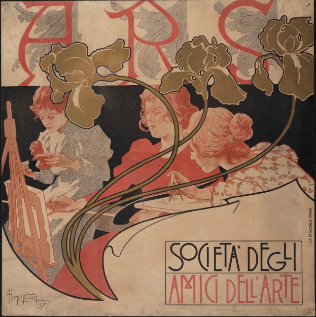 Ein Plakat, das die Kunstgesellschaft von Alphonse Mucha ankündigt, zeigt eine leuchtende Illustration von drei einzigartig gestalteten Menschen vor einem hellgelben Hintergrund mit der Aufschrift "Kunstgesellschaft" in fetter schwarzer Schrift.