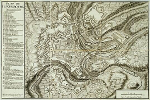 Ausführliche alte Karte von Luxemburg-Stadt mit Straßen, Gebäuden und Textanmerkungen einschließlich Bevölkerung, Sehenswürdigkeiten und Straßennamen.