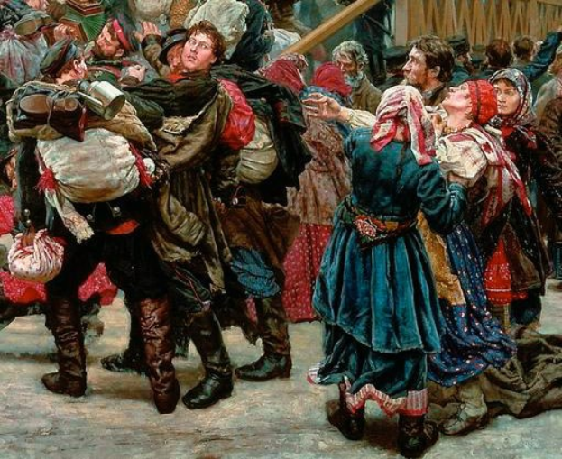 Gemälde, das eine Gruppe von Menschen in traditioneller russischer Kleidung vor einem Publikum tanzt, einige halten Gegenstände, vor einem hölzernen Haus als Hintergrund während einer lebhaften, festlichen Szene aus der russischen Revolution.