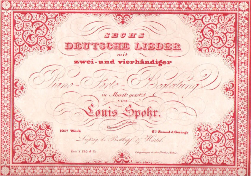 Altes deutsches Aktienzertifikat betitelt 'Louis Spohr - Zweites Deutsches Lieder' mit rotem Rand und weißem Hintergrund.
