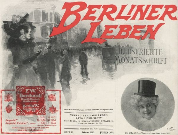 Werbeplakat für das Berliner Leben Theater mit einer Frau in einem Zylinder und einem Mann in einem Anzug, mit Text, einem Stempel, Menschen und Gebäuden im Hintergrund.