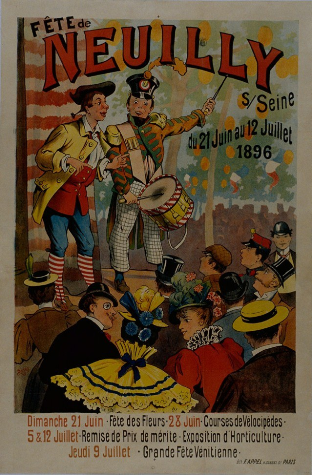Plakat für einen Pariser Karneval mit Menschen in bunten Kostümen und Hüten, einer Person mit einem Musikinstrument, und Textwerbung.