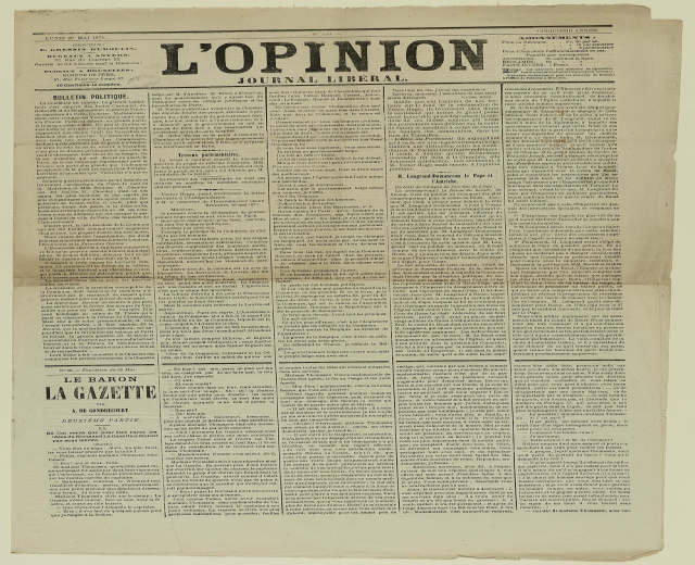 Alte Zeitung mit dem Titel 'L'opinion' in gelbem, altem Erscheinungsbild und schwarzer Tinte, Headline prominent dargestellt.