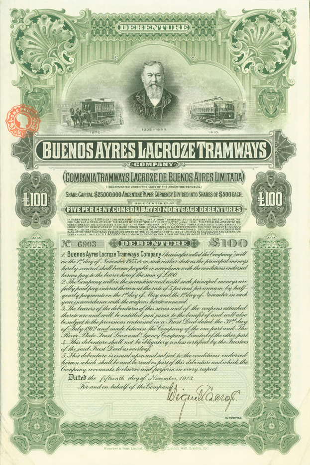 Ein altes Aktienzertifikat mit einem ernst dreinblickenden Mann in Anzug und Krawatte, umgeben von Text und Zahlen, mit dem Unternehmensnamen 'Buenos Ayres Lacroze Tramways Company' in großer Schrift.