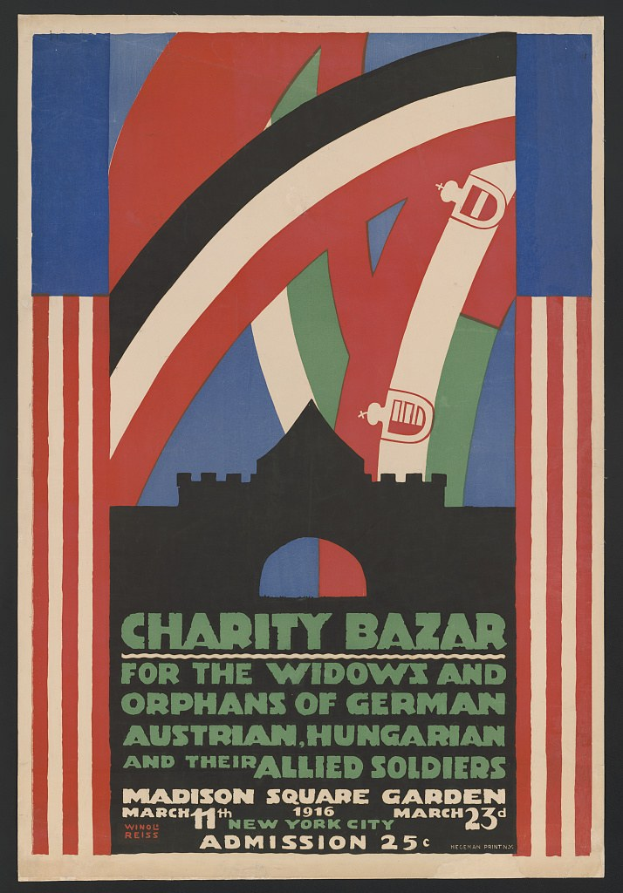 Plakat für einen Wohltätigkeitsbasar zugunsten der Witwen und Waisen deutscher, australischer, ungarischer und alliierter Soldaten, mit Text zu den Veranstaltungseinzelheiten.