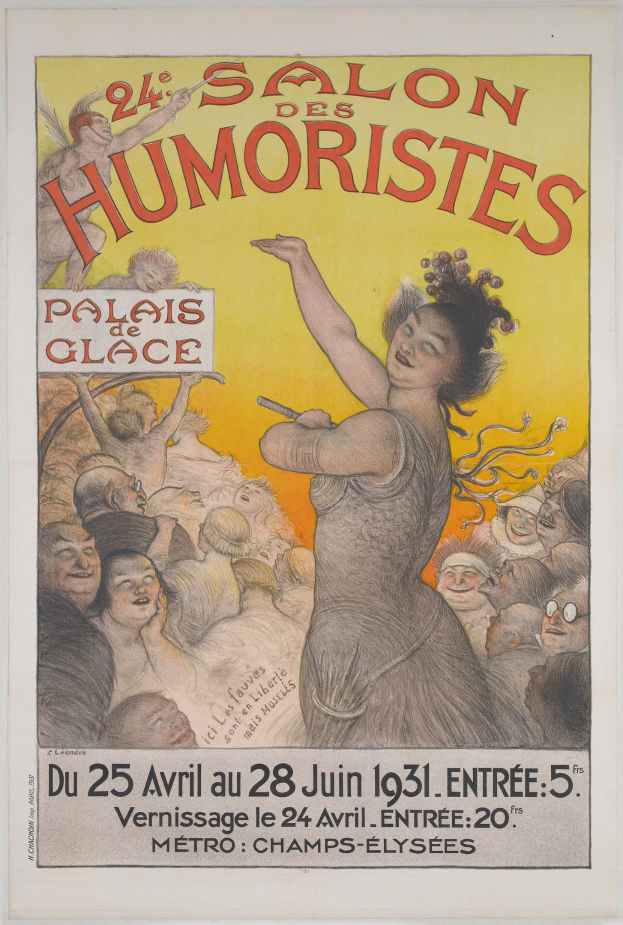 Plakat für den Salon des Humoristes in Paris mit einem Frauengesicht inmitten einer Menschenmenge und Event-Text.
