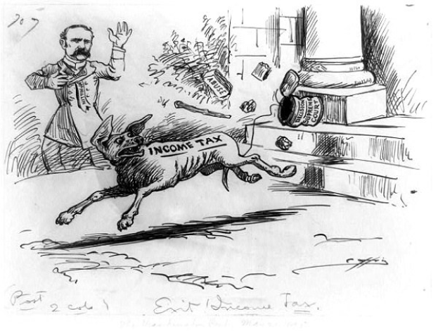 Cartoon eines Mannes, der vor einem Hund wegrennt, beschriftet mit 'Einkommensteuer' mit verstreuten Objekten im Hintergrund.