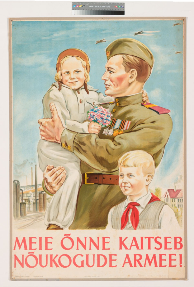 Ein polnisches Weltkriegs-Propagandaplakat, das einen Mann zeigt, der ein Kind hält, mit zwei weiteren Kindern davor und begleitendem Text.