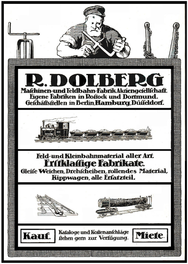 Werbung für die Fabrik von R.D. Dolberg in Hamburg, Deutschland, mit einem Plakat mit Text, einer Person, einem Zug und anderen Gegenständen.