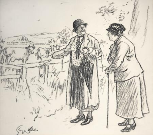 Ein Mann und eine Frau stehen zusammen auf einem Feld, der Mann hält einen Stock, mit Tieren, Bäumen und einem Zaun im Hintergrund; Text unten lautet "Die Farmerin von Sir Edward Burne-Jones."