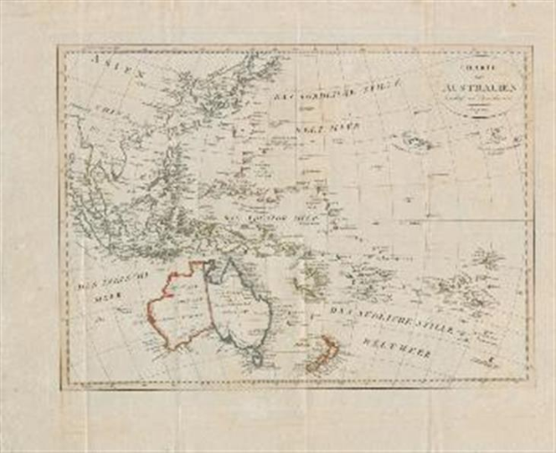 Eine detaillierte Karte von Australien und Neuseeland auf Papier, mit dem Britischen Empire im Hintergrund, begleitet von Text, der Länder und Hauptstädte auflistet.