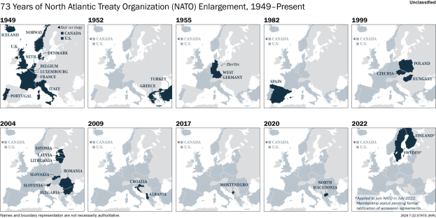 Zeitleiste-Karte, die die NATO-Erweiterung von 1949 bis heute zeigt, wobei die Regionen nach Jahren der Mitgliedschaft farbcodiert sind.