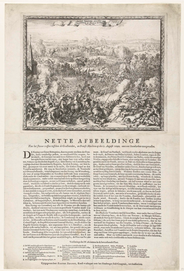 Eine alte Buchseite mit Text und einer Zeichnung von Soldaten bei der Schlacht von Afbeeldinge.