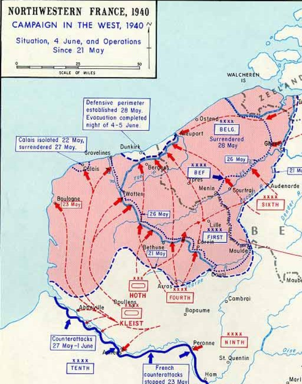 Ein Plakat, das eine detaillierte Karte von Nordfrankreich aus dem 1940er Westfeldzug zeigt, mit Text und numerischen Daten versehen.
