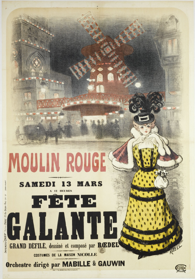 Plakat für ein Moulin Rouge Fete Galante-Event, das eine Frau in einem gelben Kleid zeigt, die vor einem Gebäude mit einer Windmühle im Hintergrund steht, begleitet von Text, der das Event beschreibt.