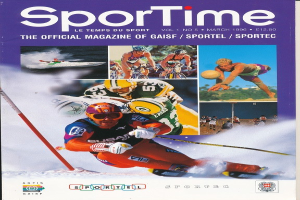 Ein Magazin-Cover mit der Aufschrift "Sporttime Magazine - März 1996", das Bilder von Skifahrern und Snowboardern sowie Text und Logos zeigt.