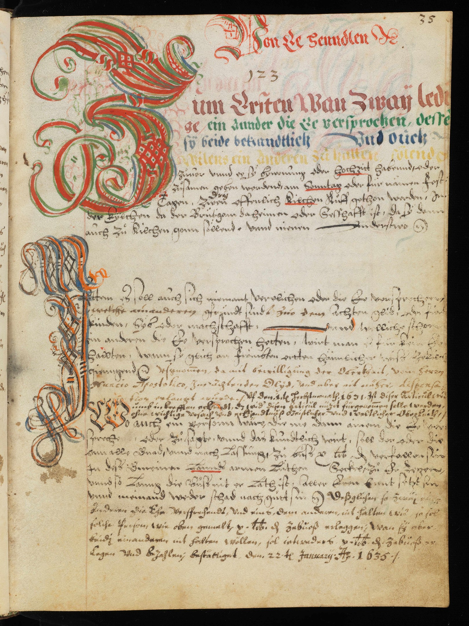 Offenes Buch mit rot-grünem Design, aufgeschlagen auf einer Seite mit Text, identifiziert als bibl München, ms 0060, f 002v-002.