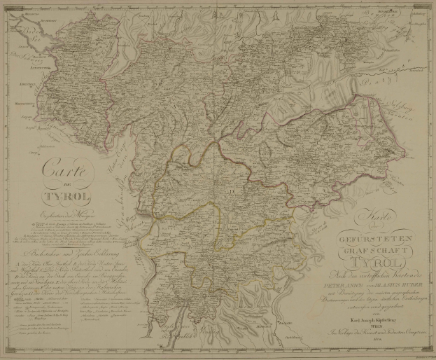 Alte detaillierte Karte von Tirol, Deutschland, mit Städten, Ortschaften, geografischen Merkmalen, Straßen und Sehenswürdigkeiten.