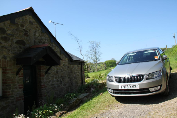 Eine Szene mit einem Haus, einer Einfriedung und verschiedenen Pflanzen und Bäumen links und einem Auto, Strommast und weiterer Vegetation rechts unter einem sonnigen Himmel.