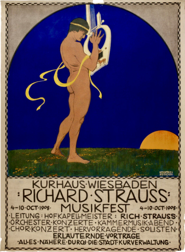 Plakat für das Richard-Strauss-Musikfest mit einem Mann, der eine Geige spielt, und Veranstaltungstext.