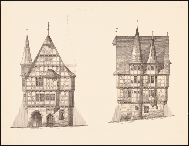 Ein schwarz-weißes architektonisches Zeichnung von zwei Gebäuden mit Türmen, Fenstern und Türen, mit dem Text "Architektonische Zeichnung eines Hauses und eines Hauses in Deutschland" oben und unten.