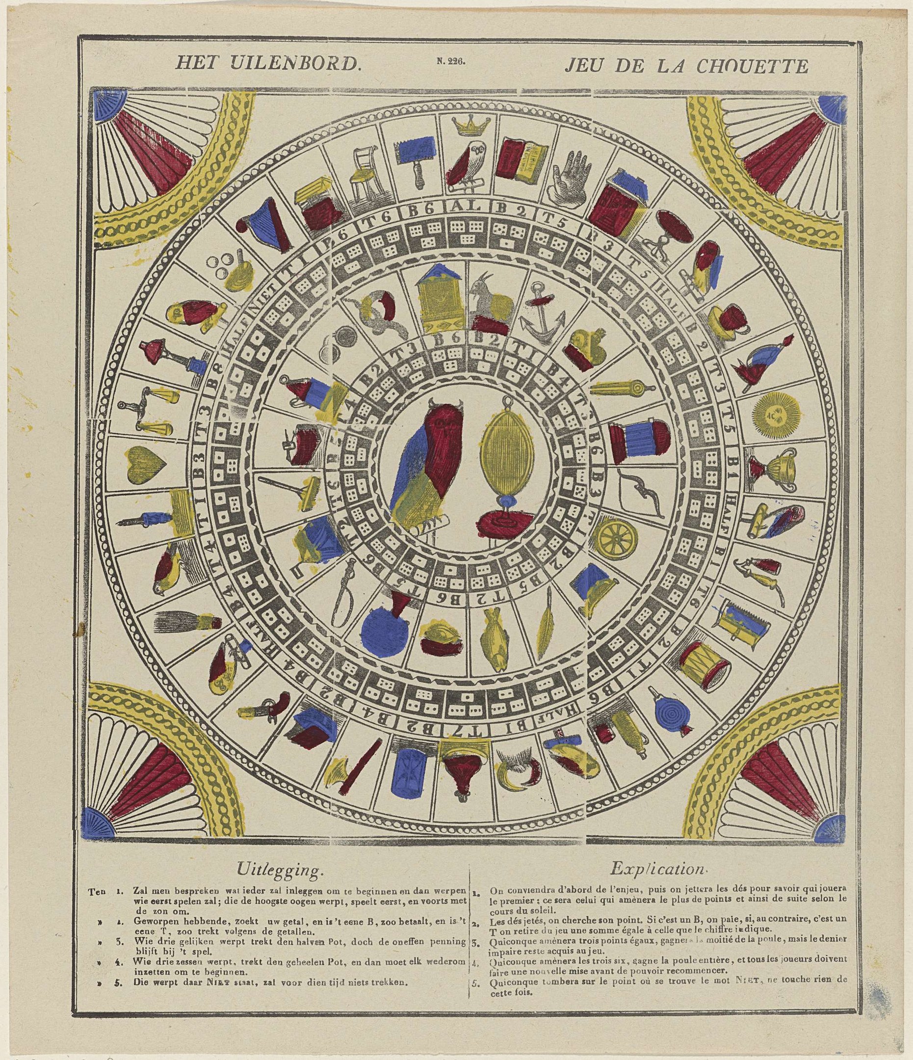 Ein Papier mit einem dekorativen Räderglück, das in zwölf zodiac-themed Abschnitte unterteilt ist, umgeben von Text in einer verzierten Schriftart.