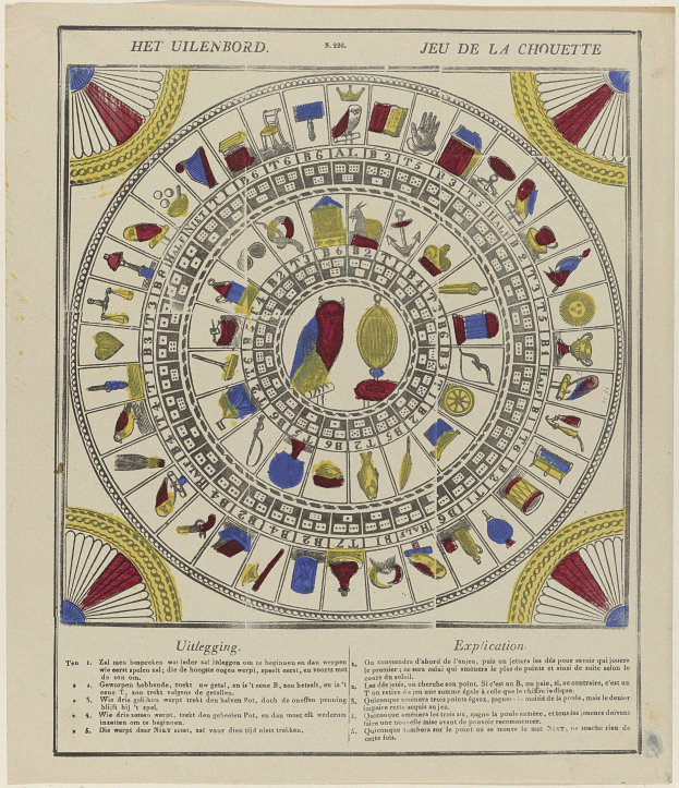 Ein Papier mit einem dekorativen Räderglück, das in zwölf zodiac-themed Abschnitte unterteilt ist, umgeben von Text in einer verzierten Schriftart.
