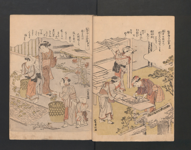 Ein aufgeschlagenes Buch mit dem Titel "Utagawa Kunisada Toyokuni III/Kuniyoshi Toyokubi III/Ukiyo-e" aus der Serie *Fünfzig-drei Stationen des Tokaido*, das eine detaillierte Illustration von Menschen in traditioneller japanischer Kleidung zeigt, die Aktivitäten wie Schach in einem üppigen Garten mit Bäumen, Pflanzen und einem hellblauen Himmel nachgehen.