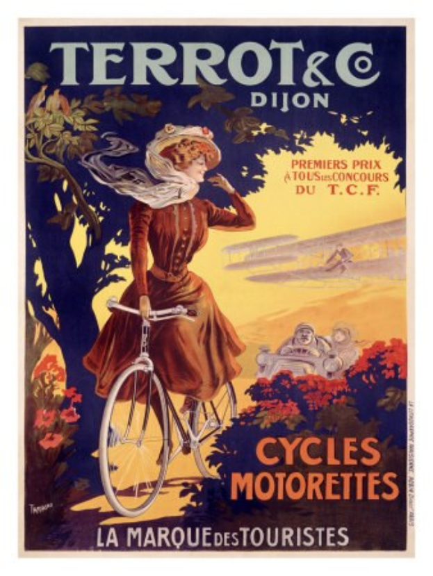 Frau auf einem Fahrrad in einer malerischen Outdoor-Landschaft, umgeben von Bäumen und Blumen, mit anderen Radfahrern und Text auf einem Tourenwerbeplakat.