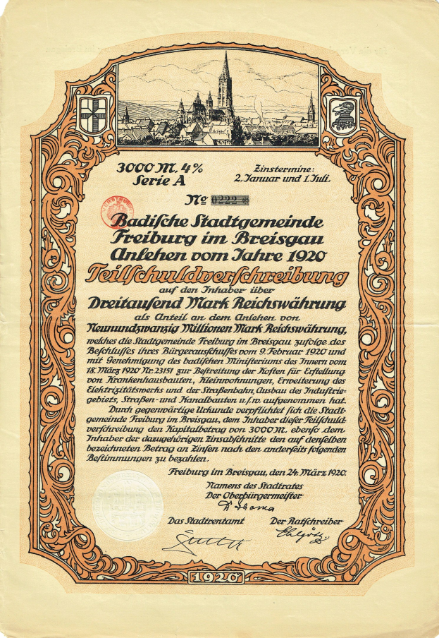 Altes deutsches Aktienzertifikat mit einer Stadtillustration und gedruckten Textangaben.