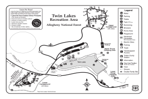 Detailierte Karte des Twin Lakes Freizeitgebiets mit Wanderwegen, Sehenswürdigkeiten und Pfaden mit Textangaben zu Wanderwegnamen, Entfernungen und Besucherzahl.
