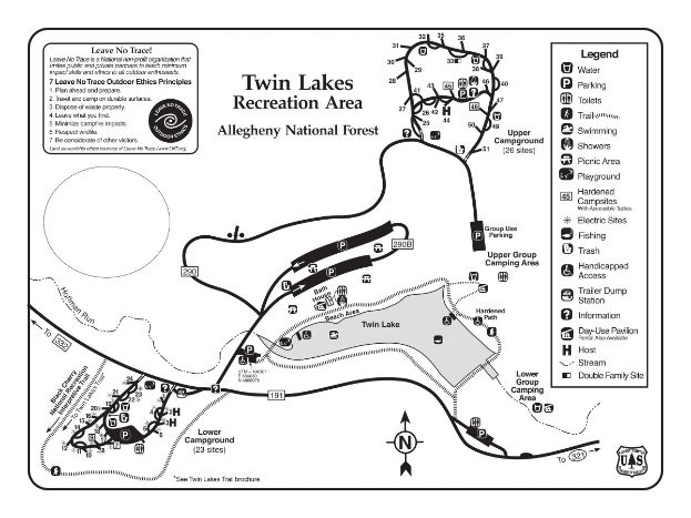 Detailierte Karte des Twin Lakes Freizeitgebiets mit Wanderwegen, Sehenswürdigkeiten und Pfaden mit Textangaben zu Wanderwegnamen, Entfernungen und Besucherzahl.