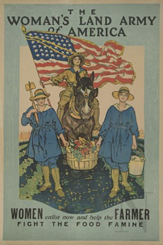 Ein Plakat mit einer Frau auf einem Pferd, die eine Fahne hält, und zwei Frauen vor Körben mit Lebensmitteln, die für Frauen kämpfen, um die Nahrungsmittelknappheit zu bekämpfen.